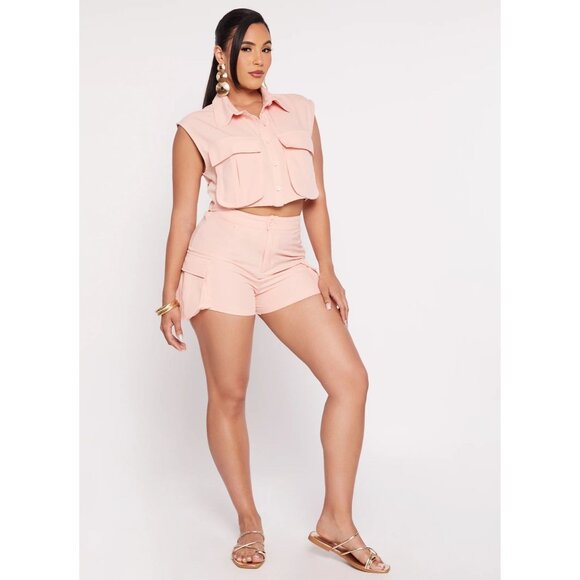 Julia by Love J Crepe Knit Cargo Shirt and Shorts Set in Coral - Size Large - Picture 2 of 12